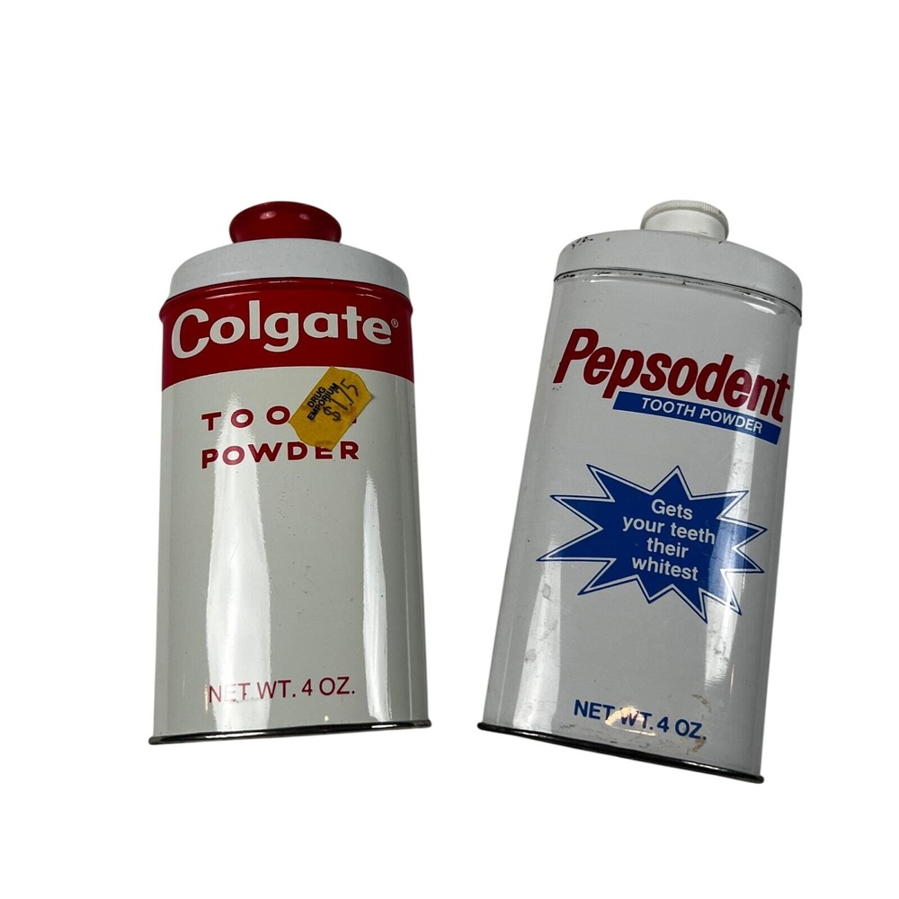 Vintage Colgate and Pepsodent Tooth Powder Tins 4oz Advertising Collectible Full